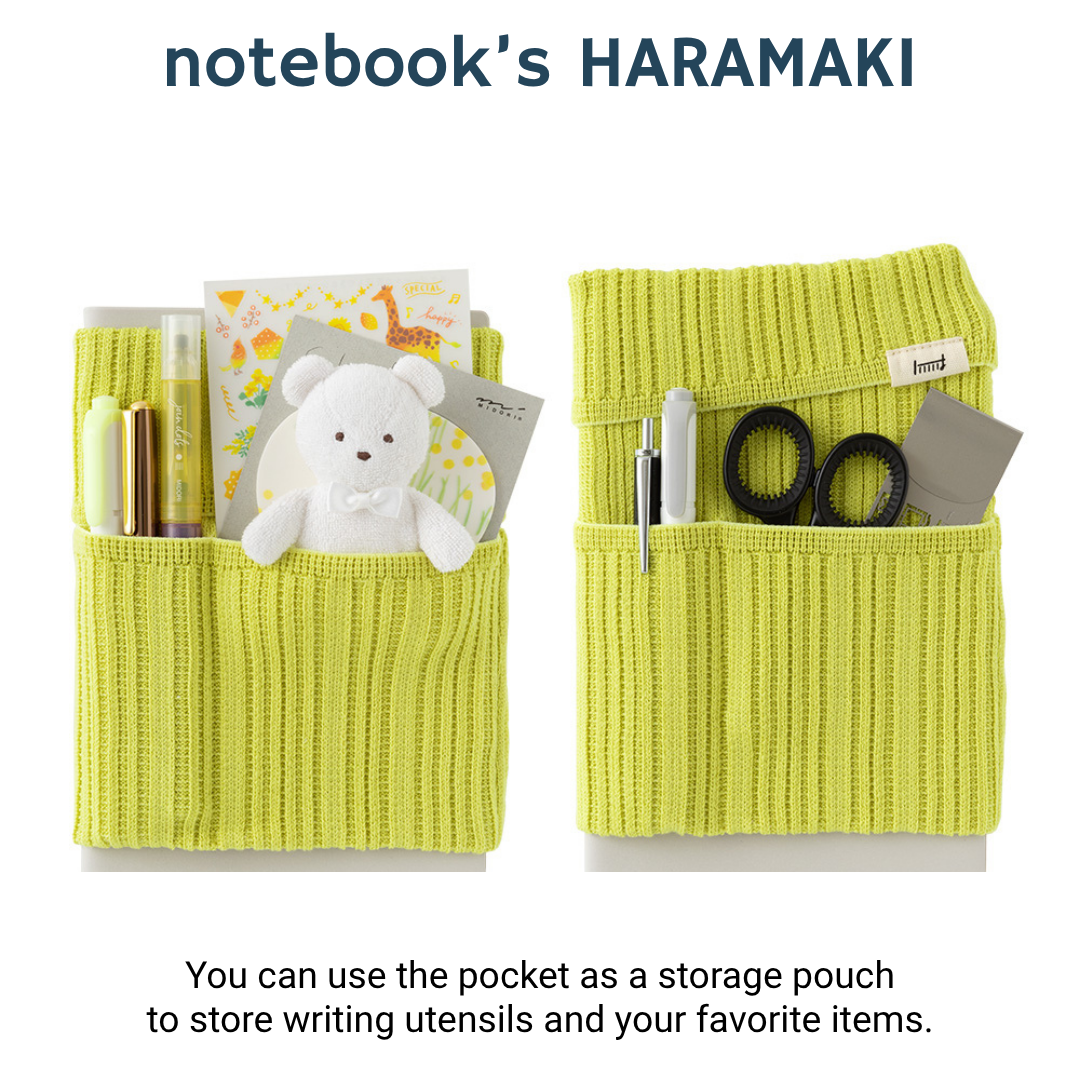 Midori Notebook’s HARAMAKI A6～B6 in Lime Yellow, shown in packaging. A soft cable-knit pouch with flap cover, designed to wrap around a planner like a belly warmer, with stretchable pockets for pens and small essentials.