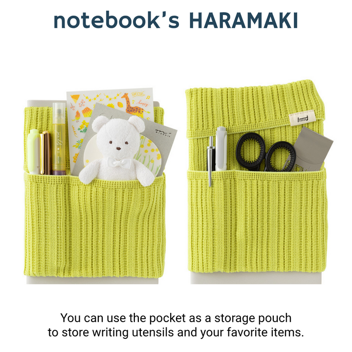 Midori Notebook’s HARAMAKI A6～B6 in Lime Yellow, shown in packaging. A soft cable-knit pouch with flap cover, designed to wrap around a planner like a belly warmer, with stretchable pockets for pens and small essentials.