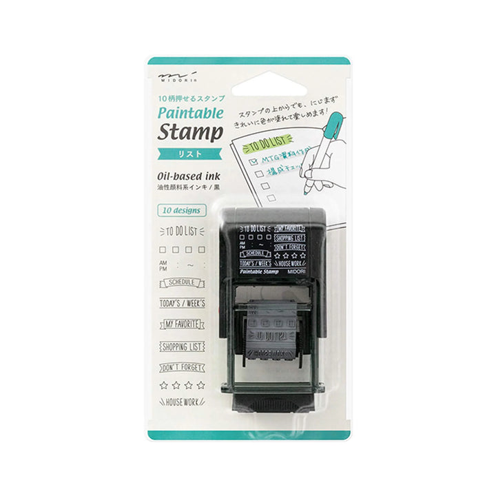 Midori Paintable Rotating Stamp Dial – List with rotating dial and list-style stamp designs, compact body, and built-in black ink pad for planners and journals.