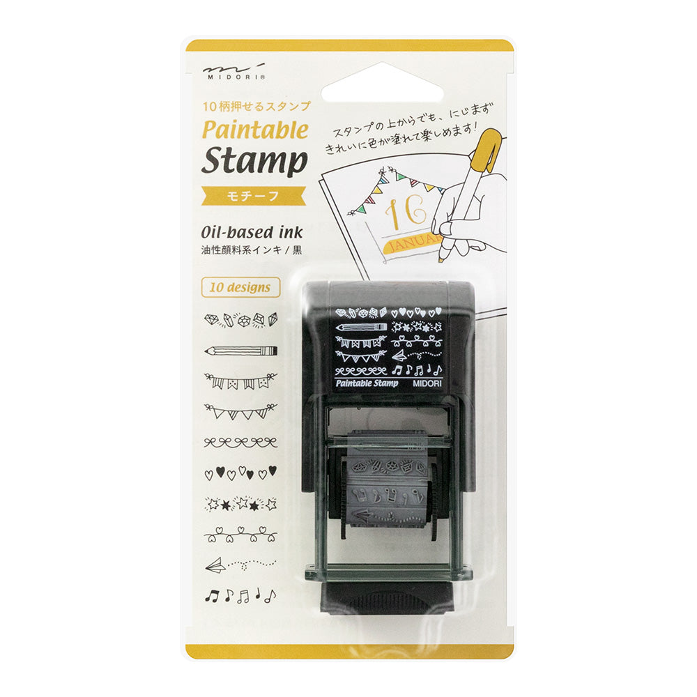 Midori Paintable Rotating Stamp Dial - Motif | 10-pattern oil-based rotating stamp with garlands, ribbons, and hearts for planners and journals