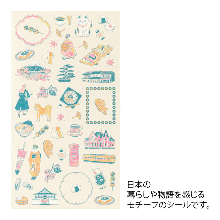 A sheet of Midori Sticker 2719 featuring delicate washi stickers of Japanese motifs, including cherry blossoms, Mount Fuji, seasonal foods, and traditional frame patterns in Yuuka Takamaru’s soft, pastel color palette.