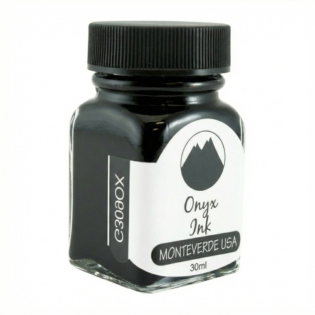Monteverde 30ml Ink Bottle Onyx – deep black fountain pen ink in a clear glass bottle with black cap.