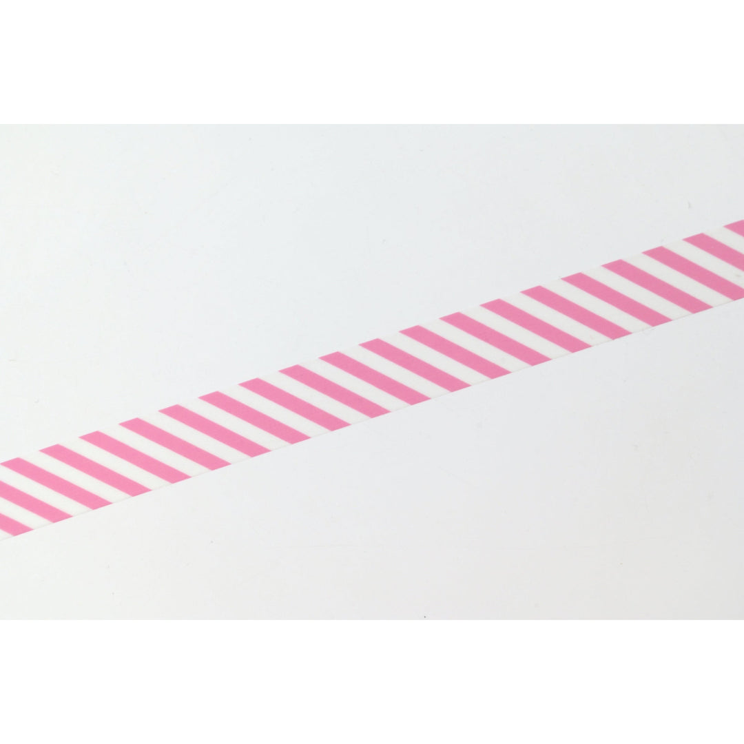 MT 1P Stripe washi tape in Aurora Pink applied as a diagonal strip, close-up of the stripe pattern