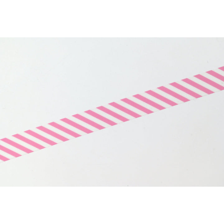 MT 1P Stripe washi tape in Aurora Pink applied as a diagonal strip, close-up of the stripe pattern