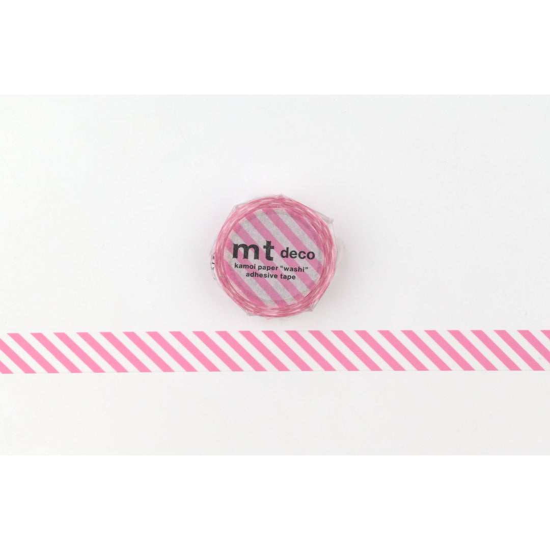 MT 1P Stripe washi tape in Aurora Pink, roll shown with a length of pink and white diagonal stripe tape laid out