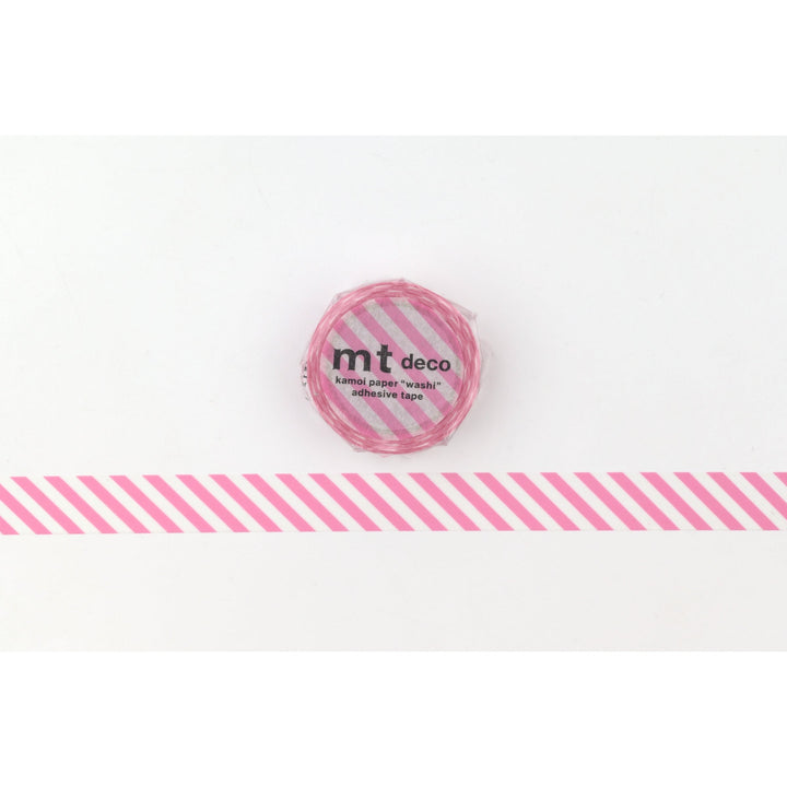 MT 1P Stripe washi tape in Aurora Pink, roll shown with a length of pink and white diagonal stripe tape laid out