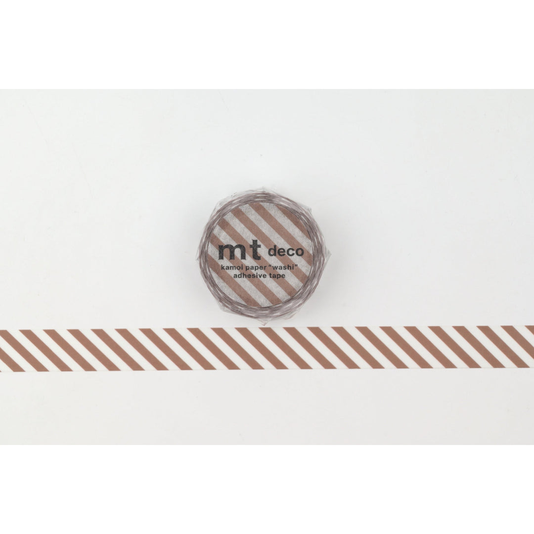 MT 1P Stripe washi tape in Brown, roll shown with a length of brown and white diagonal stripe tape laid out