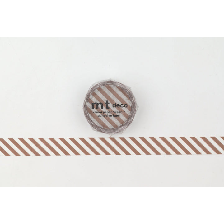 MT 1P Stripe washi tape in Brown, roll shown with a length of brown and white diagonal stripe tape laid out