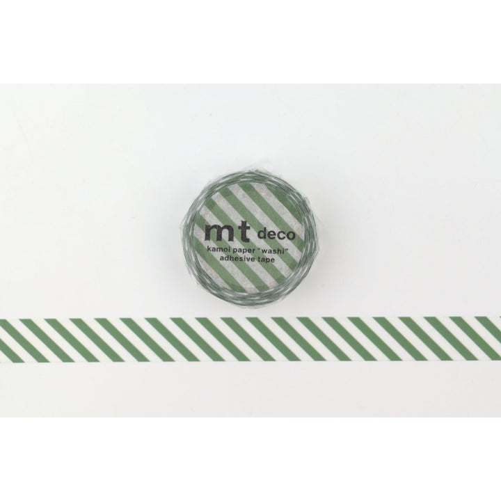 MT 1P Stripe washi tape in Deep Green, roll shown with a length of green and white diagonal stripe tape laid out