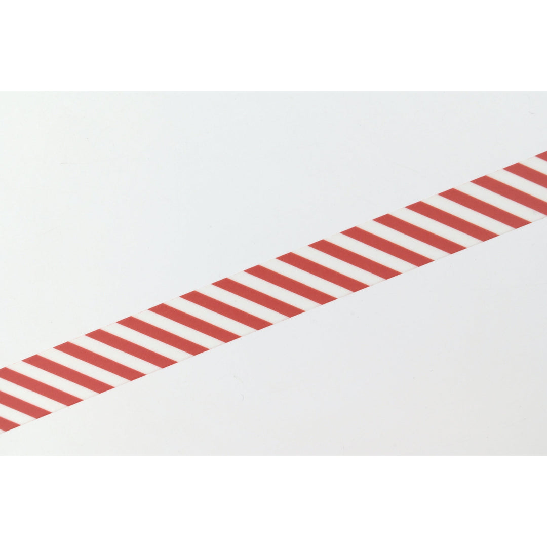 MT 1P Stripe washi tape in Deep Red applied as a diagonal strip, close-up of the stripe pattern