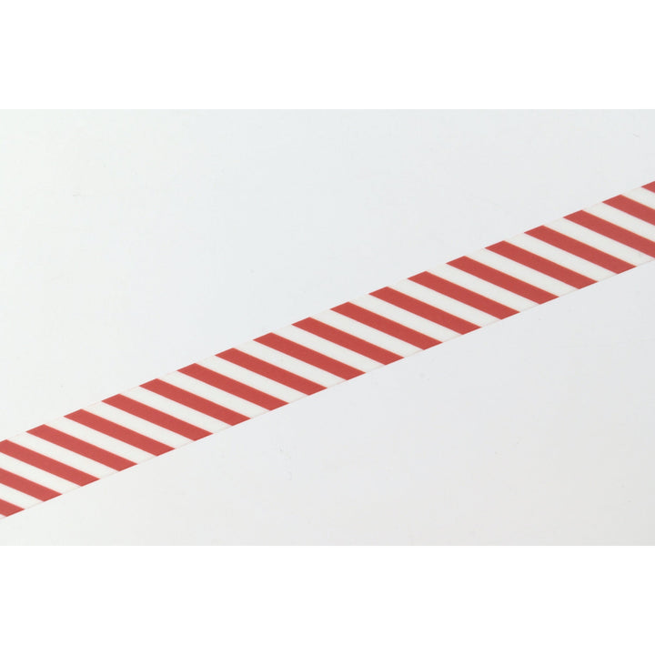 MT 1P Stripe washi tape in Deep Red applied as a diagonal strip, close-up of the stripe pattern