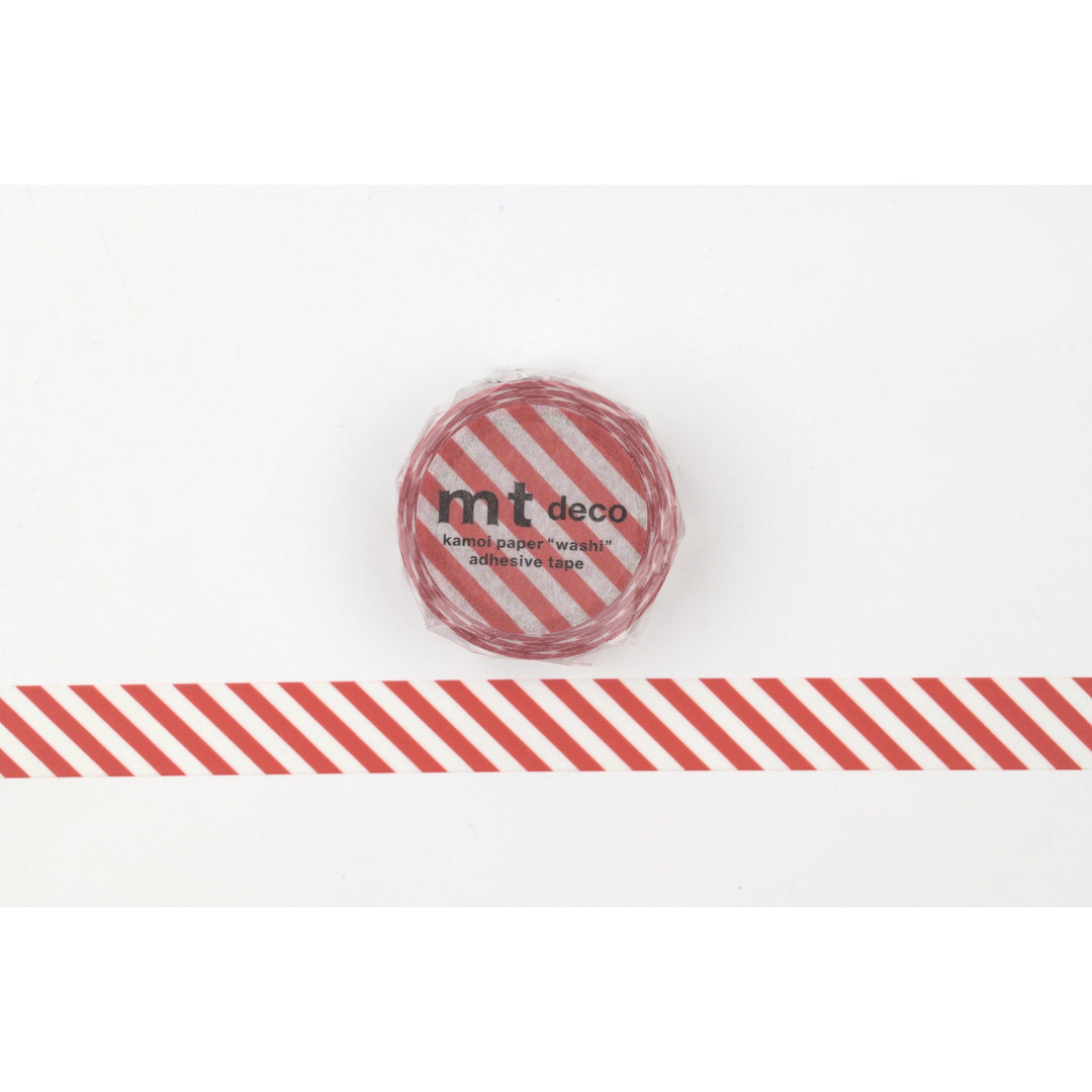 MT 1P Stripe washi tape in Deep Red, roll shown with a length of red and white diagonal stripe tape laid out