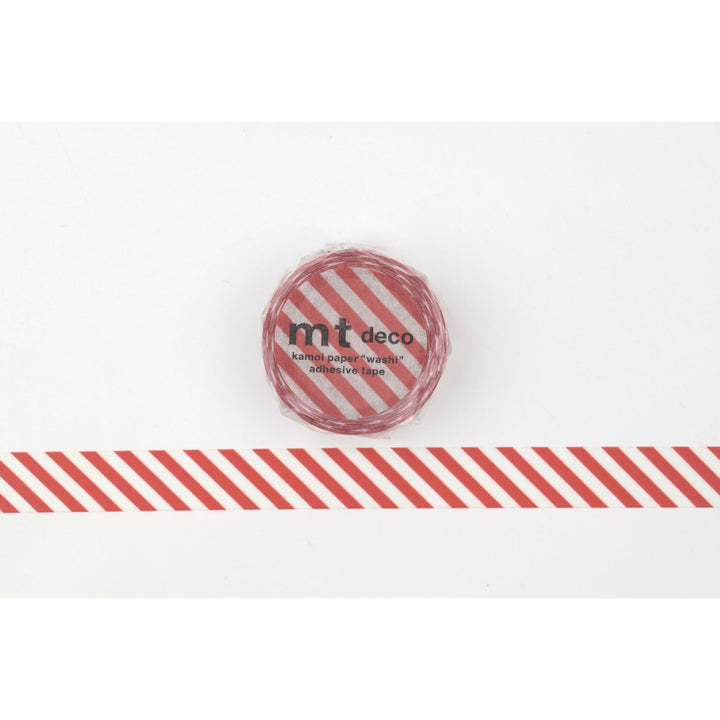 MT 1P Stripe washi tape in Deep Red, roll shown with a length of red and white diagonal stripe tape laid out