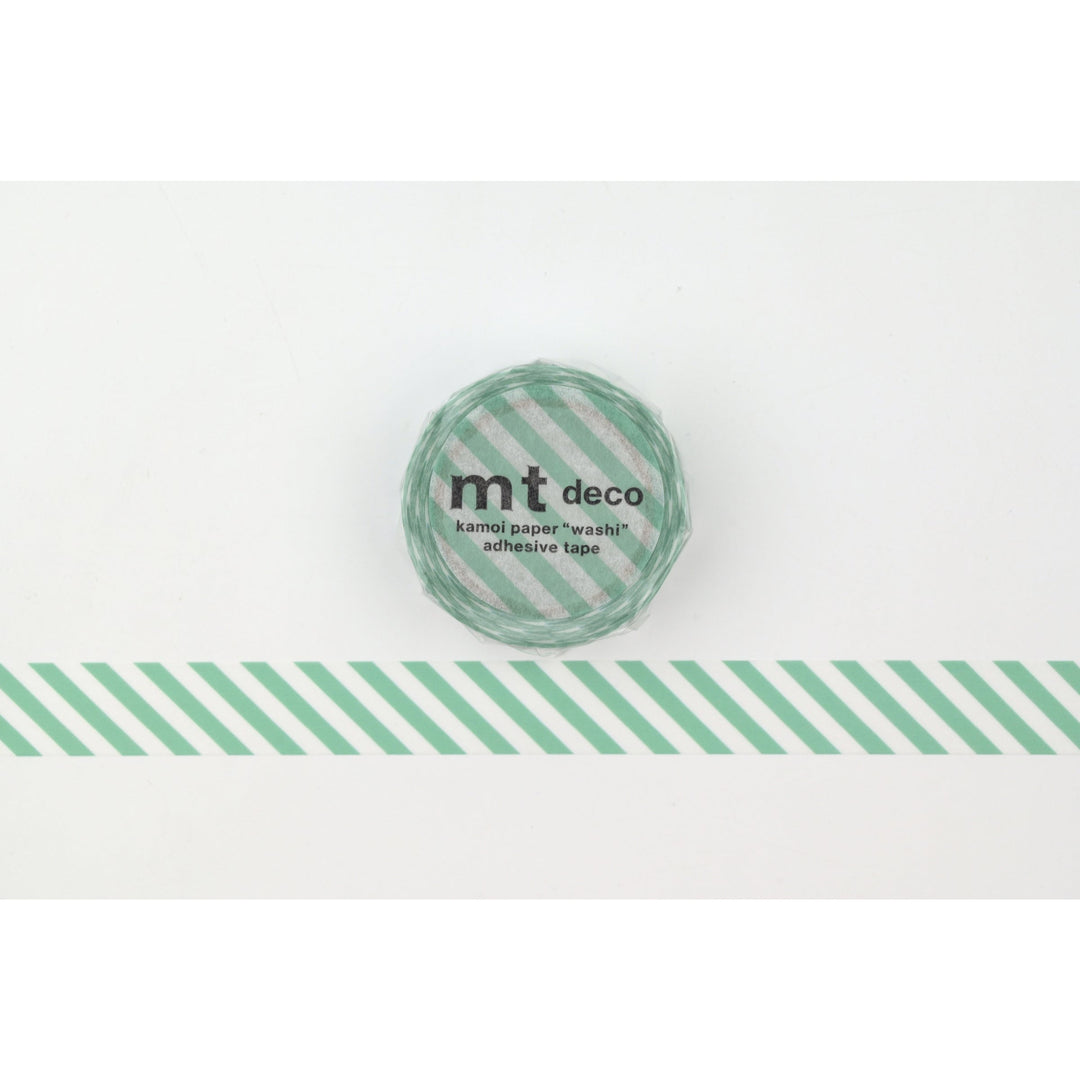 MT 1P Stripe washi tape in Emerald Green, roll shown with a length of green and white diagonal stripe tape laid out