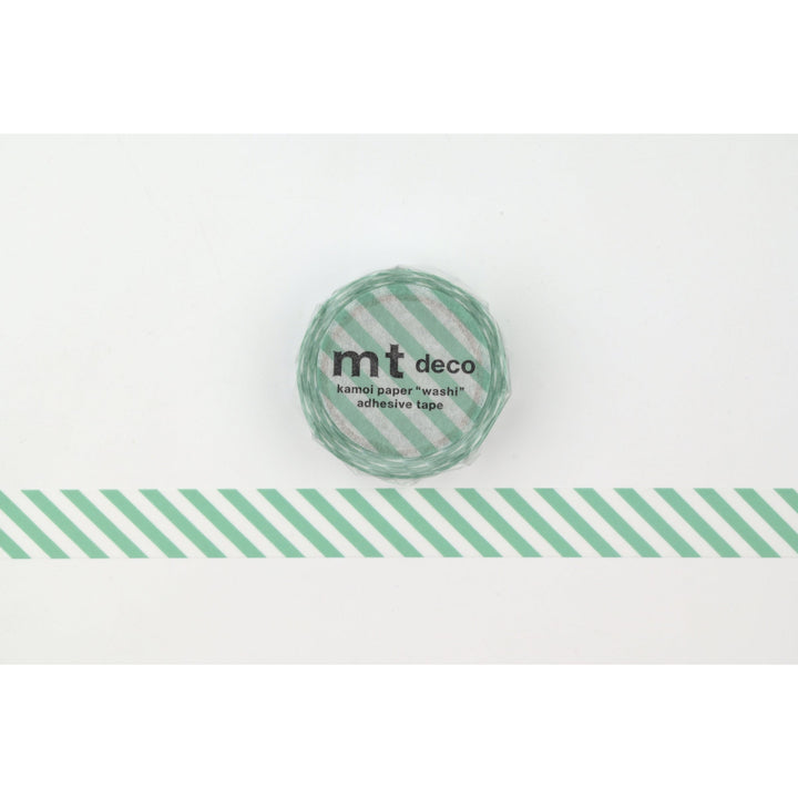 MT 1P Stripe washi tape in Emerald Green, roll shown with a length of green and white diagonal stripe tape laid out