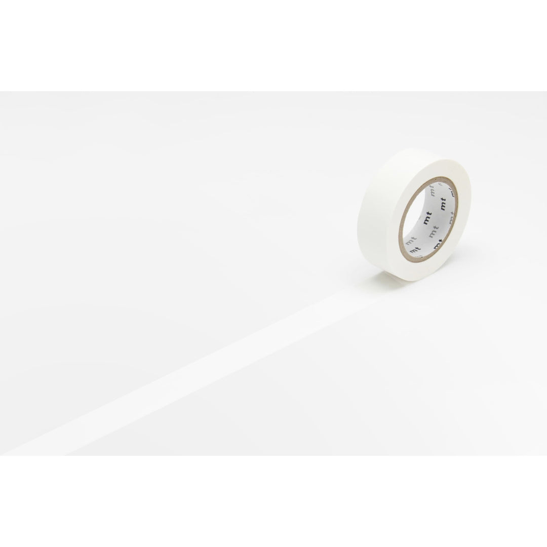MT Basic washi tape in Matte White, 15mm x 7m roll with tape unrolled on a light grey background