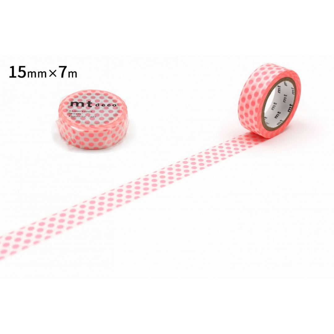 MT Deco washi tape Dot Shocking Red 15mm x 7m, roll with unrolled strip showing the red polka dot pattern