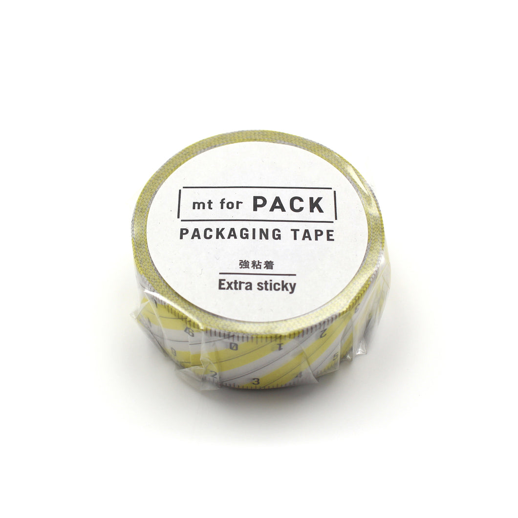 MT For Pack Permanent Tape – Stripe Ruler showing a roll of washi tape with a ruler-style stripe pattern in neutral tones, designed for strong adhesion and packaging use.