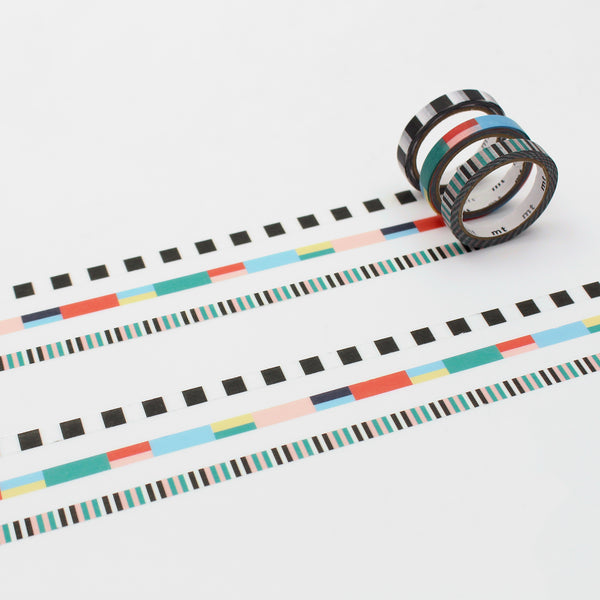 Load image into Gallery viewer, MT Slim × Papier Tigre Washi Tape – Rubans showing a 3-roll set of colorful slim washi tapes with geometric ribbon patterns in red, blue, green, and black stripes.

