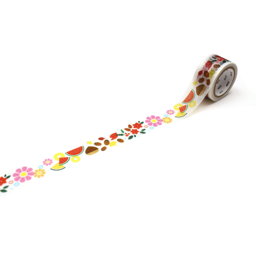 MT Trehari tracing paper washi tape Season, roll with a length of tape unrolled showing flowers and fruit