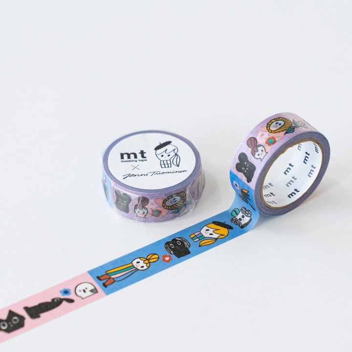 MT x Jenni Tuominen washi tape Karkelot, packaged roll beside an open roll with tape unrolled