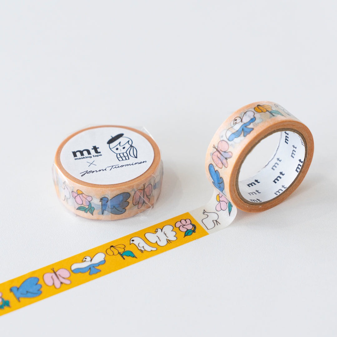 MT x Jenni Tuominen washi tape Sinilintu, packaged roll beside an open roll with tape unrolled