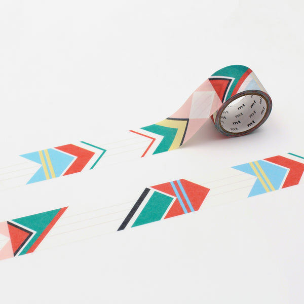 Load image into Gallery viewer, MT × Papier Tigre Write and Draw Washi Tape – Etiquette featuring colorful geometric patterns with lined sections for writing and drawing on Japanese washi paper.
