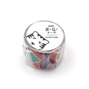 MT × Papier Tigre Write and Draw Washi Tape – Etiquette featuring colorful geometric patterns with lined sections for writing and drawing on Japanese washi paper.