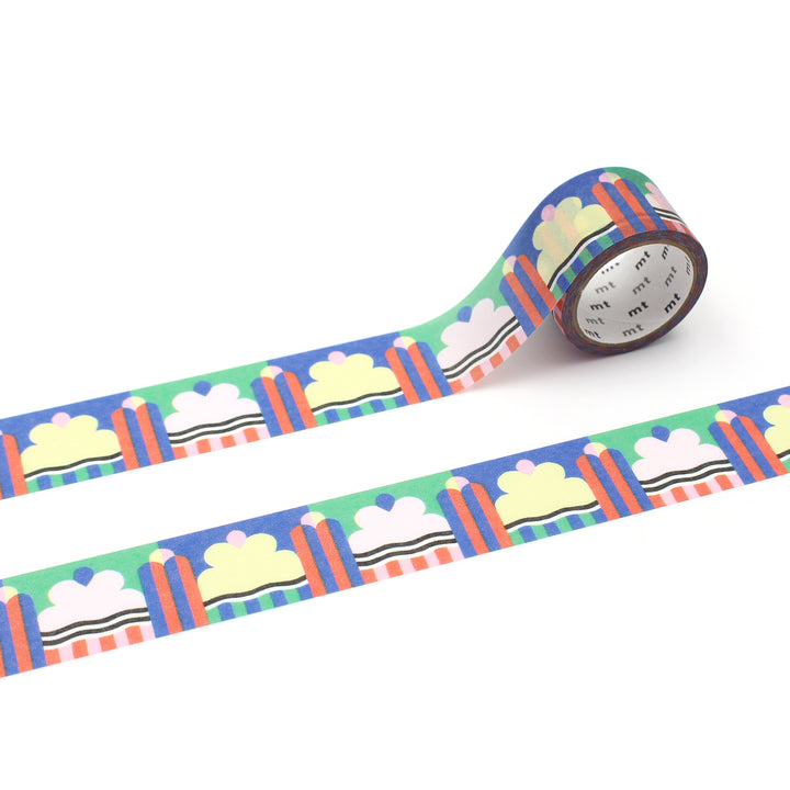 MT × Papier Tigre Write and Draw Washi Tape – Ice featuring bright geometric ice-inspired patterns in blue, green, yellow, and coral on Japanese washi paper.