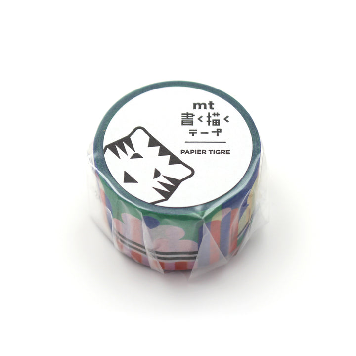 MT × Papier Tigre Write and Draw Washi Tape – Ice featuring bright geometric ice-inspired patterns in blue, green, yellow, and coral on Japanese washi paper.