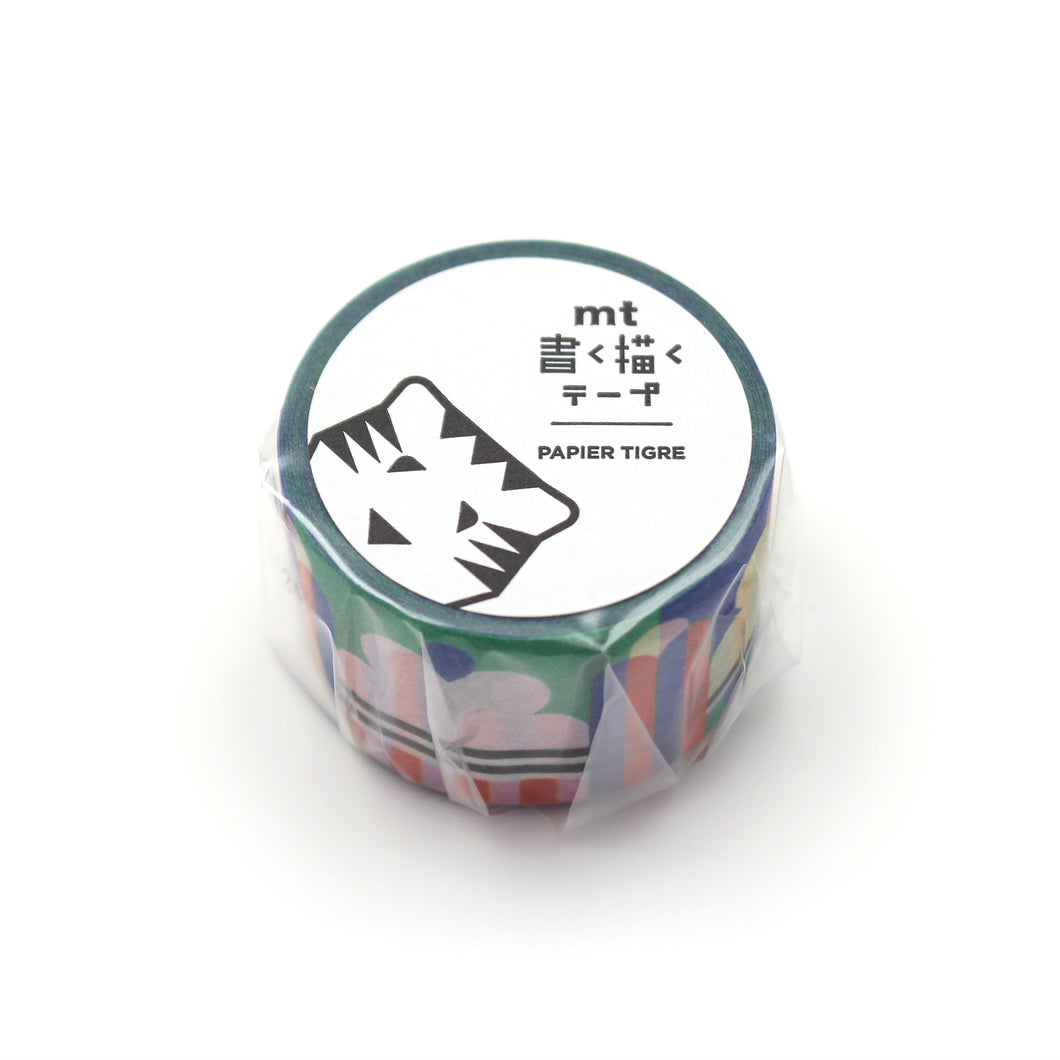 MT × Papier Tigre Write and Draw Washi Tape – Ice featuring bright geometric ice-inspired patterns in blue, green, yellow, and coral on Japanese washi paper.