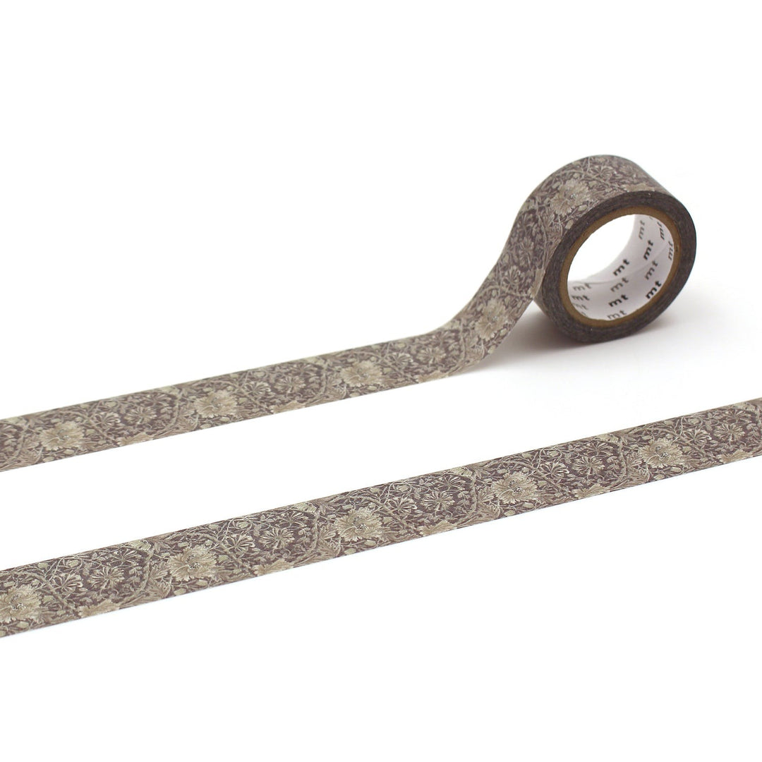 MT x William Morris Pure Honeysuckle and Tulip washi tape in Black Ink, roll with two unrolled strips showing the floral pattern