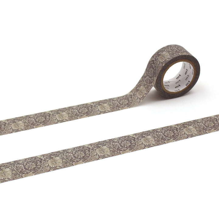 MT x William Morris Pure Honeysuckle and Tulip washi tape in Black Ink, roll with two unrolled strips showing the floral pattern