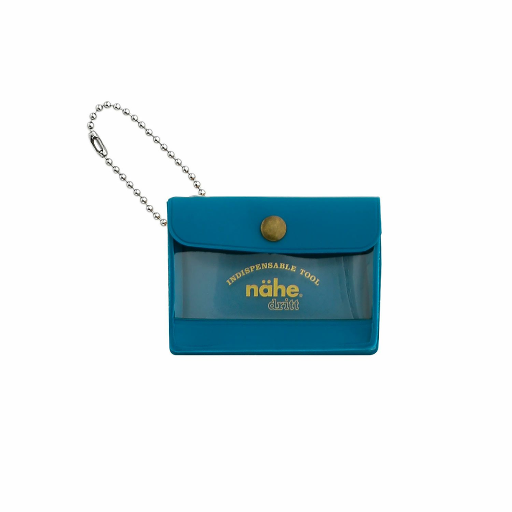 nähe General Purpose Case Mini in blue, palm-sized storage case with clear window, back pocket, and ball chain for carrying small items.