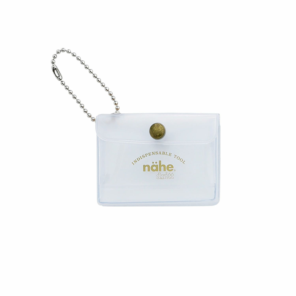 nähe General Purpose Case Mini in clear, palm-sized storage case with transparent window, back pocket, and ball chain for small items.