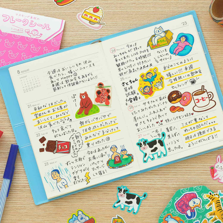 New Retro Flake Stickers C – Laid-Back Animals – retro-style washi stickers featuring cats, tigers, and penguins.