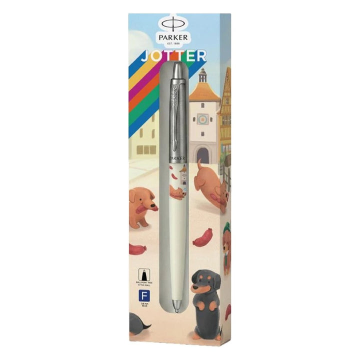 Parker Jotter Originals Pet Collection Dachshund Ballpoint Pen - boxed pen with dachshunds in an old-town square
