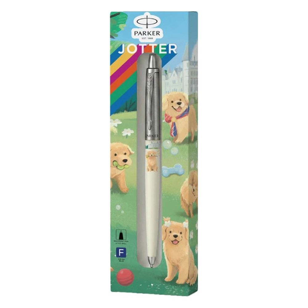 Parker Jotter Originals Pet Collection Golden Retriever Ballpoint Pen - boxed pen with golden retriever puppies playing on a lawn
