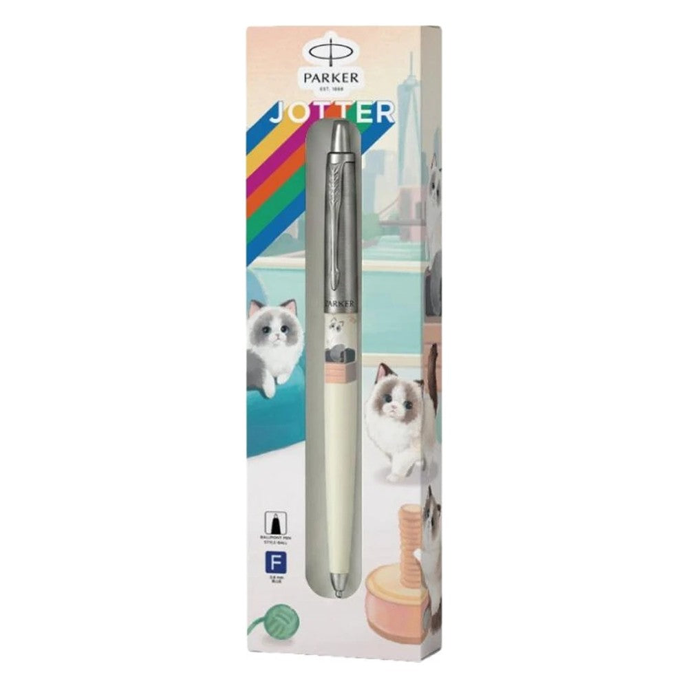 Parker Jotter Originals Pet Collection Ragdoll Ballpoint Pen - boxed pen with Ragdoll cats against a city skyline