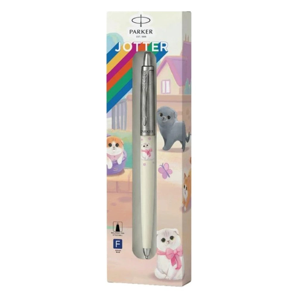 Parker Jotter Originals Pet Collection Scottish Fold Ballpoint Pen - boxed pen with Scottish Fold cats in a pastel town