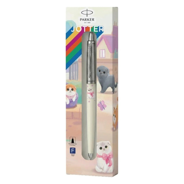 Parker Jotter Originals Pet Collection Scottish Fold Ballpoint Pen - boxed pen with Scottish Fold cats in a pastel town
