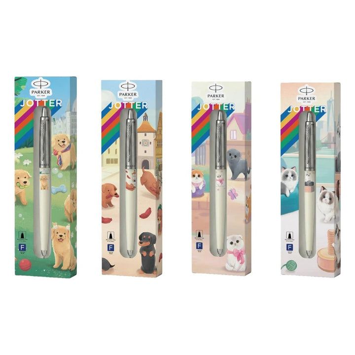 Parker Jotter Originals Pet Collection Scottish Fold Ballpoint Pen - shown with the Golden Retriever, Dachshund, Scottish Fold and Ragdoll pens in the Pet Collection