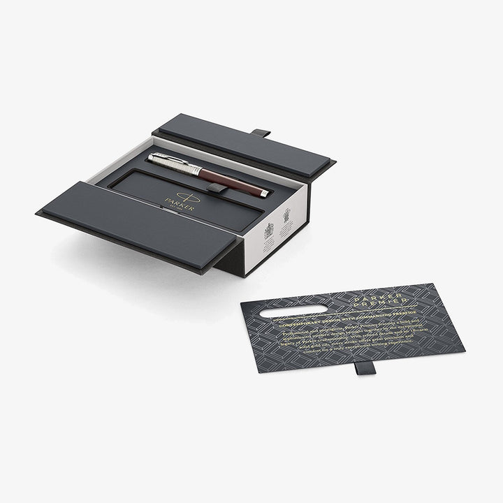 Parker Premier Custom Crimson Red fountain pen in its open presentation gift box
