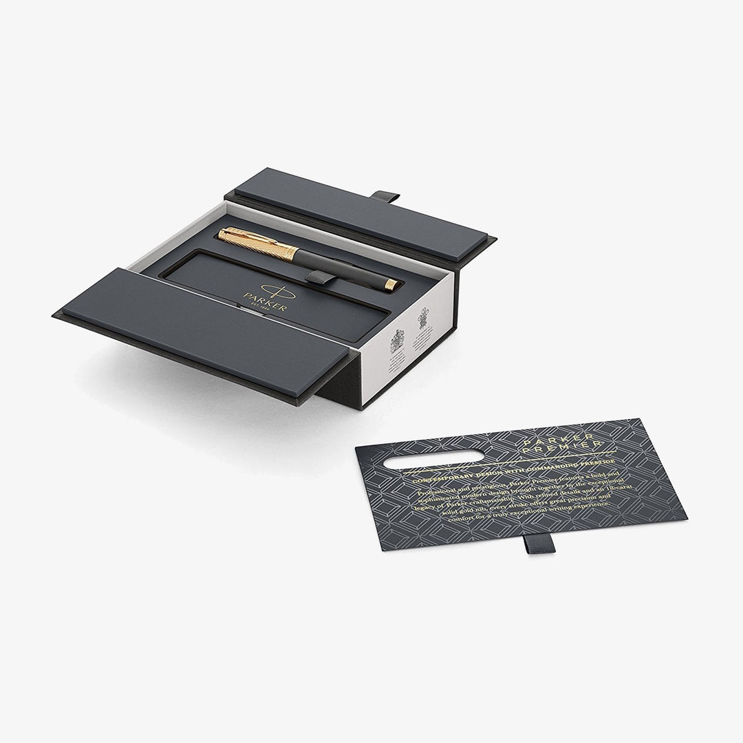 Parker Premier Custom Storm Grey fountain pen in its open presentation gift box