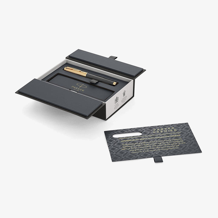 Parker Premier Custom Storm Grey fountain pen in its open presentation gift box