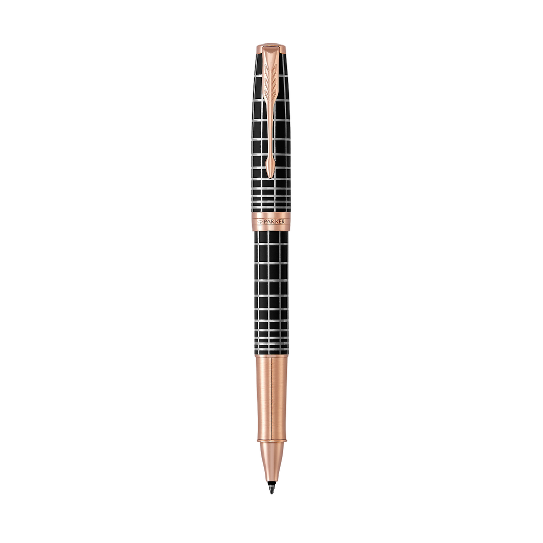 “Parker Sonnet SE18 Matte Black GT Rollerball Pen with a sleek matte black barrel, gold-plated clip and trims, shown capped and angled to highlight its modern, elegant design.”