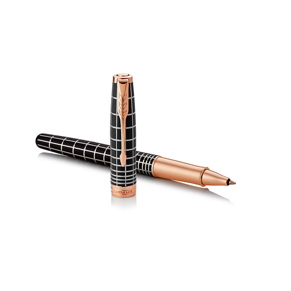 Load image into Gallery viewer, “Parker Sonnet SE18 Matte Black GT Rollerball Pen with a sleek matte black barrel, gold-plated clip and trims, shown capped and angled to highlight its modern, elegant design.”

