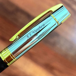 Personalized Name Engraving On Sheaffer 300 9347 Ballpoint Pen - Engraved Black with Chrome Cap and Gold Trims