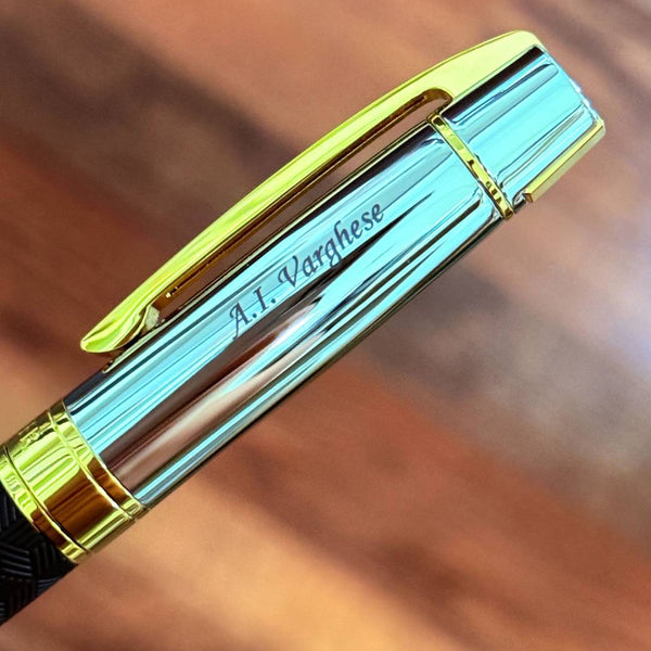 Load image into Gallery viewer, Personalized Name Engraving On Sheaffer 300 9347 Ballpoint Pen - Engraved Black with Chrome Cap and Gold Trims
