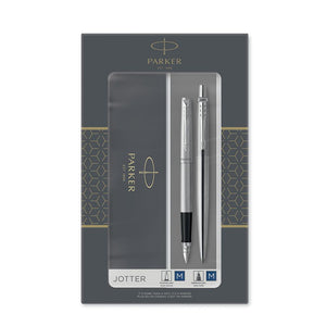 Parker Jotter Duo SS Chrome Trim Fountain Pen + Ballpoint Pen Set